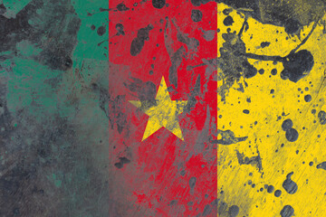 Cameroon flag on scratched old grunge texture background