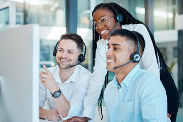 Customer service, call center or telemarketing team and manager or mentor looking happy reading...