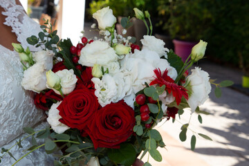 wedding white red rose green bouquet of natural flowers in marriage day