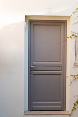 Fototapeta na wymiar Wooden Door grey modern on french wall city street classic facade