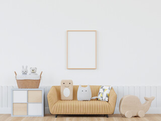 3D mockup photo frame in chidren room rendering