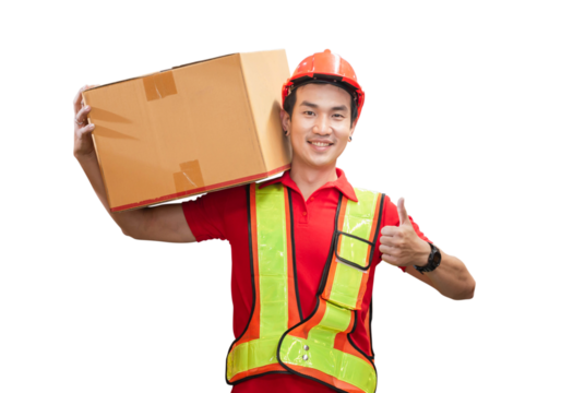 Male worker in hardhat holding cardboard box walking through in retail warehouse, Warehouse worker working in factory warehouse, Man carrying box and showing thumbs up - Powered by Adobe