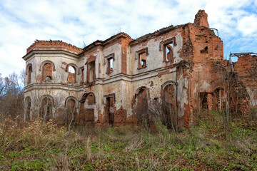 The ruins of the ancient Potemkin Palace (1845) in the village of Gostilitsy on a October afternoon. Leningrad region, Russia
