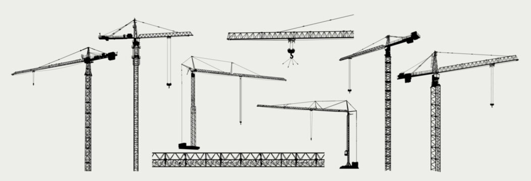 Set of tower construction crane. Silhouette crane working building. Illustration with building cranes isolated on white background. Vector line art.