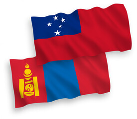 National vector fabric wave flags of Independent State of Samoa and Mongolia isolated on white background. 1 to 2 proportion.