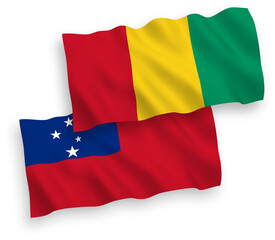 Obraz premium National vector fabric wave flags of Independent State of Samoa and Guinea isolated on white background. 1 to 2 proportion.