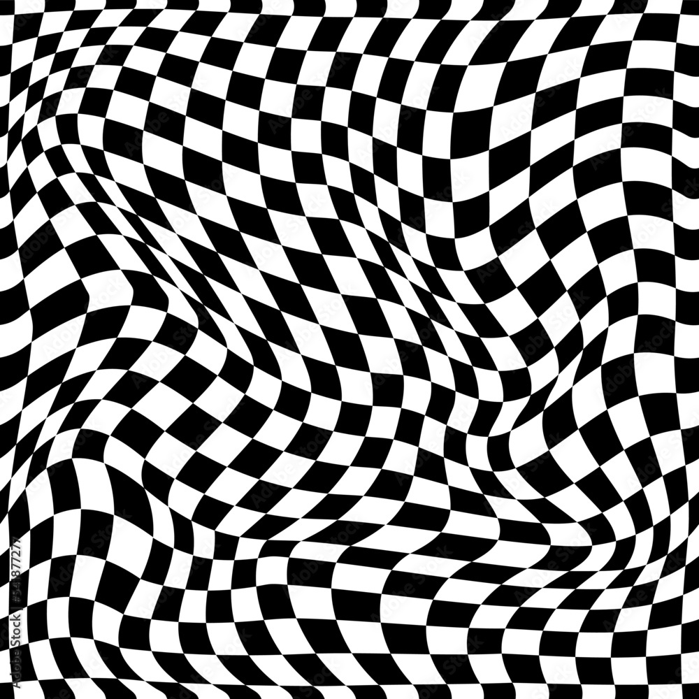 Aufkleber optical illusion. warp black pattern. white chessboard. repeated mesh. monochrome grid print with di