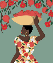 Woman in pomegranate fruit print. Girl with beautiful hair and red garnet tree. Fashion people. African female holding basket. Plant branches and flowers. Vector pattern current background