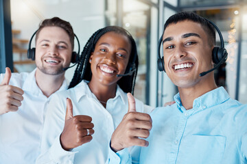 Diversity, thumbs up and success selfie at call center with online consultant employees in office. Work, friends and winner photograph smile for sale, customer service and promotion at company.