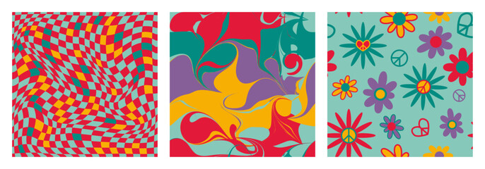 Retro floral, abstract and groovy patterns. Daisy graphic seamless print. Geometric chess and trippy posters. Colorful paint brushstrokes. Distorted grid. Vector 70s backgrounds set