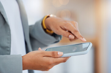 Phone, hand and online browsing the internet for social media news and app updates. Mobile, searching and fingers of a woman texting or typing a digital message on her connected wireless device