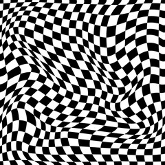 Optical illusion. Warp black pattern. White chessboard. Repeated mesh. Monochrome grid print with distorted twirls and waves. Checkered wallpaper. Vector seamless current background