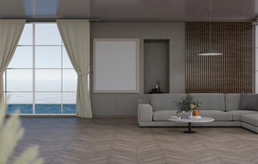 3D mockup blank photo frame in living room rendering