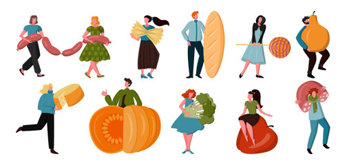 People eat food, men and women hold huge cheese, vegetables and fruits. Girl with candy snacks, healthy pasta and sausage. Cartoon characters. Vector current illustration background