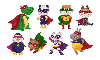 Superhero animals. Comic heroic characters. Cat boy in colorful costume. Super baby mouse and bear. Flying and playing fox girl. Crocodile in cape. Kids heroes set. Vector cartoon design