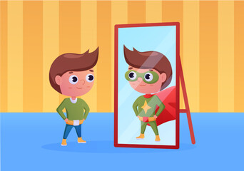 Boy looking at mirror. Child personal growth. Confidence kid mindset. Superhero power. Teenager reflection. Heroic costume. Teens imagination. Inner ambitions. Vector flat recent concept
