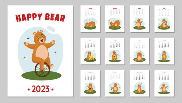 Smile bear calendar. Grizzly character. Heart pattern. Funny business family 2023 planner pages set. Kids paper frame. Love gift. Predator with honey and bees. Vector design background