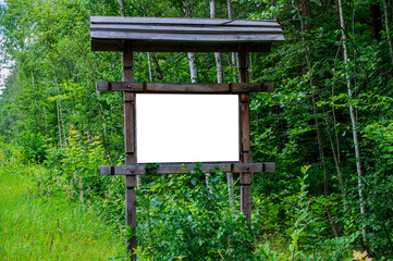 Roadside billboard outdoor advertising on the background of the forest. Roadside advertising billboard. Template for text. background image. Free space for text.