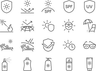 Sunscreen icon set. The icons included sun protection, sunbathing, sunglasses, uv, spf, and more. - 541878426