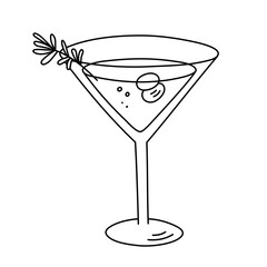 Alcoholic cocktail, long drink beverage for holiday celebrating. Use for decorating design festive menu. Hand-drawn doodle style. Editable stroke. Isolated. Vector illustration
