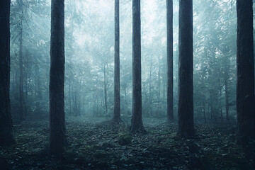Epic forest landscape back light foggy scene with no people 