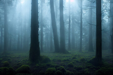 Epic forest landscape back light foggy scene with no people 