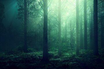 Fototapeta premium Epic forest landscape back light foggy scene with no people 