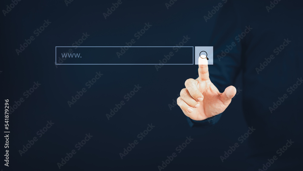 Poster Man hand presses the information search button on computer touch screen. Technology, searching system and internet concept, copy space.