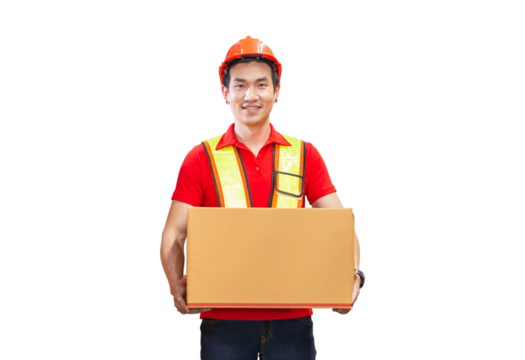 Male worker in hardhat holding cardboard box walking through in retail warehouse, Warehouse worker working in factory warehouse