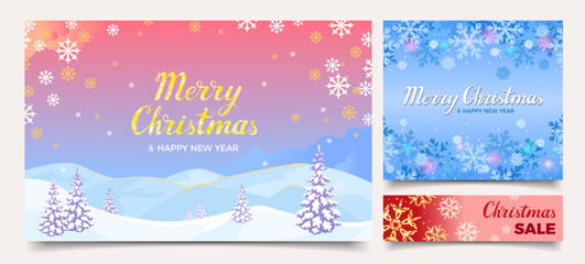Fototapeta na wymiar Winter backgrounds set. Christmas banners, cards and discounts. Bright vector illustrations with snowy landscape and snowflakes.