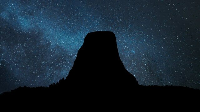Devils Tower National Monumen By Night, Time Lapse with Stars and Milky Way in Background, Wyoming, USA