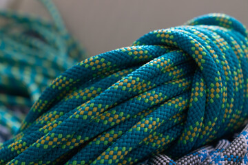 Coloured rope for climbing and mountaineering close-up