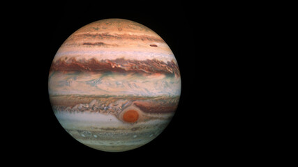 Jupiter planet isolated on black, high detailed surface features, jupiter globe scientific background, 3D render illustration, 