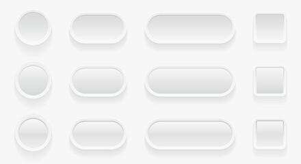 White buttons for user interface, simple 3d modern design for mobile, web, social media, business.  White gray color minimal style UI icons set, editable vector illustration.
