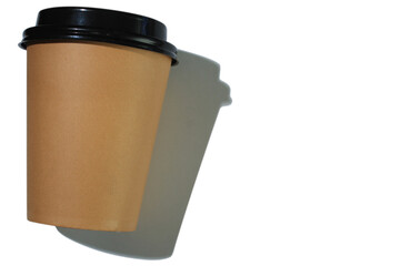 Cardboard coffee cup with plastic lid with hard shadow on white background. isolated object....