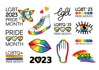 Fototapeta na wymiar LGBT Pride Month 2023 Pack. Brush stroke LGBT flag, logos, symbols, icons, and stickers.