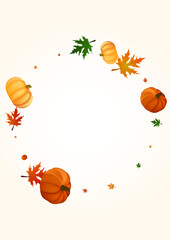 Green Leaf Background Light Vector. Red Pumpkins Border. Yellow Gourd Nature Set. Plant Fall. Graphic Card.
