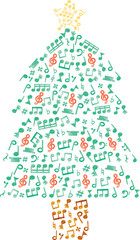 Fototapeta na wymiar 水彩風の音符で作ったクリスマスツリー