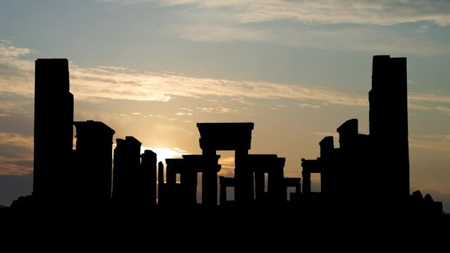 Persepolis (Old Persian: Pārsa): Ruins of the Tachara, Time Lapse at Sunrise with Colorful Clouds, Iran