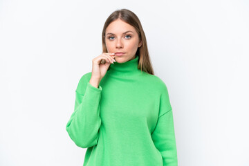 Young beautiful blonde woman isolated on white background showing a sign of silence gesture
