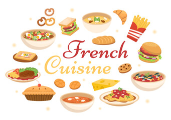 French Cuisine Restaurant with Various Traditional or National Food Dish of France on Flat Style Cartoon Hand Drawn Templates Illustration