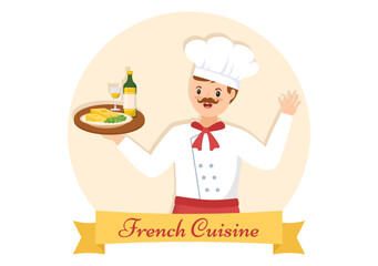 French Cuisine Restaurant with Various Traditional or National Food Dish of France on Flat Style Cartoon Hand Drawn Templates Illustration
