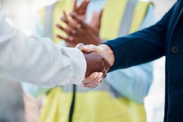 Handshake, success deal or partnership for construction worker, building engineer or architect...