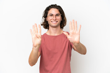 Young handsome man isolated on white background counting nine with fingers