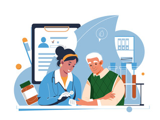 Diabetes control and healthcare concept. Doctor checking blood sugar level in an elderly man, using insulin pen vector cartoon illustration. Doctor giving consultation for blood state control. - obrazy, fototapety, plakaty