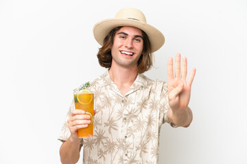 Young handsome man holding a cocktail isolated on white background happy and counting four with fingers