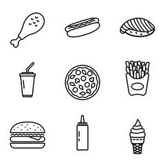 Fast food related icon set. Street food. Pictogram isolated on a white background.