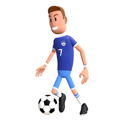Soccer player 3D character. Football player kick the ball 