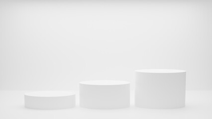 White podium or White circle platform on the Studio bright lighting, Concept of Minimal and clean for placing products, 3D rendering image.