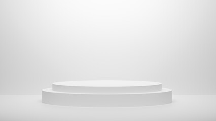 White podium or White circle platform on the Studio bright lighting, Concept of Minimal and clean for placing products, 3D rendering image.